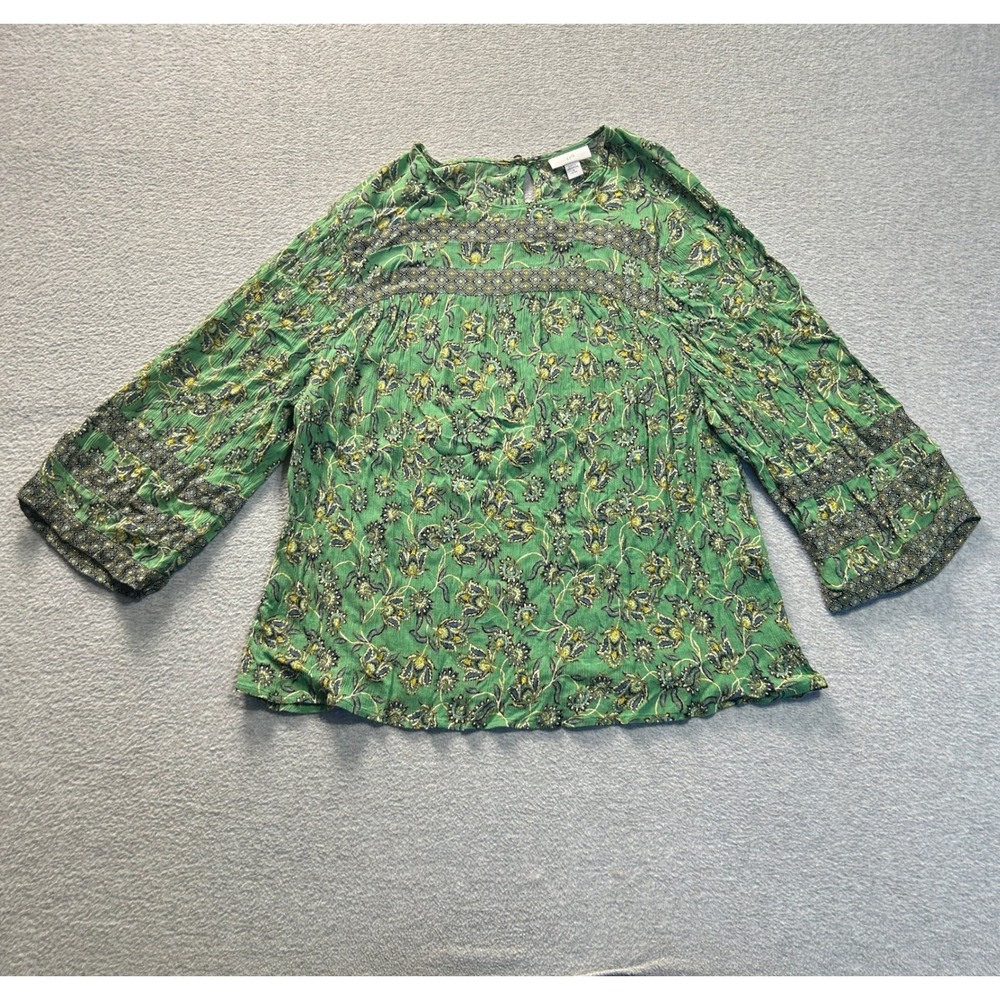 J Jill 3/4 Bell Sleeve Womens‎ Medium Petire Green Floral Paisley Peasant Blouse